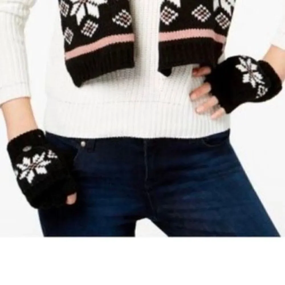 NWT Charter Club Black & White Snowflakes Nordic Beanie Pom Pom Gloves 2 Pc Set